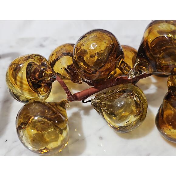 Vintage Handblown Amber Murano Glass Grapes Cluster Leaf MCM Decorative Glass - Picture 3 of 14